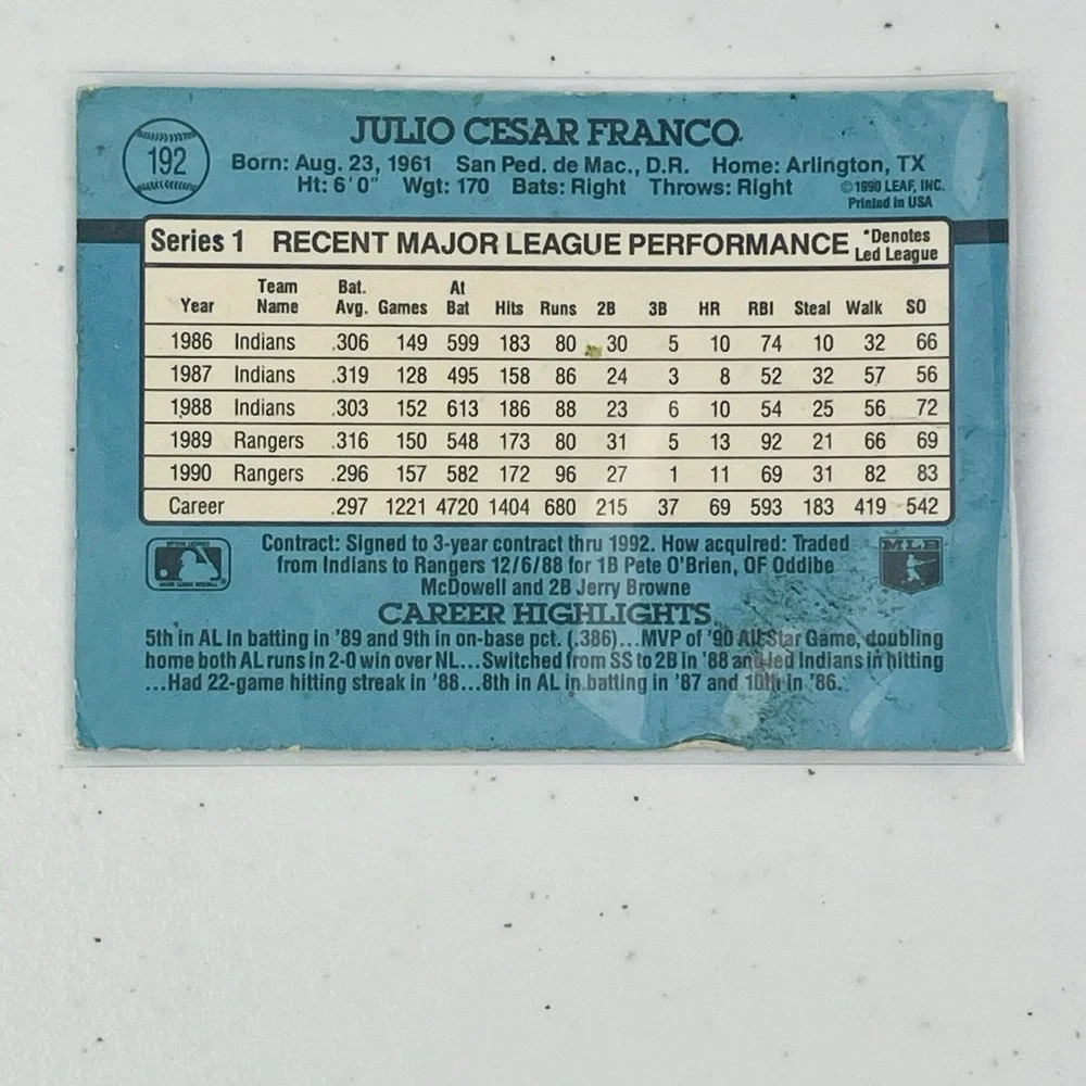 Julio Franco 192 Donruss MLB Baseball 1991 Texas Rangers Trading Card Vintage